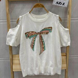 White Pearl Sequin Bow Cold Shoulder Knit Top 🎀